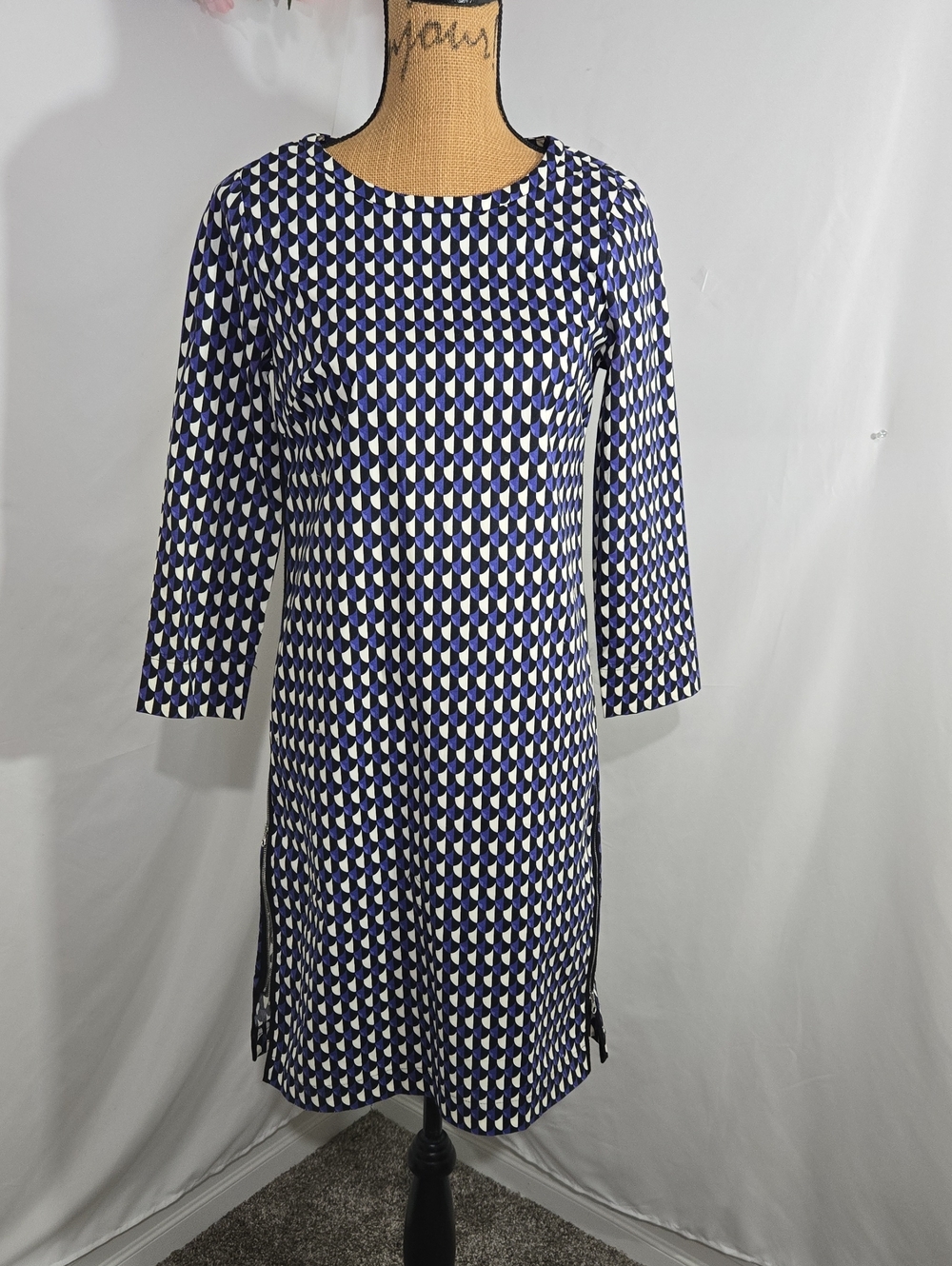 J. Crew Blue and White Geometric Long-Sleeve Shift Dress
